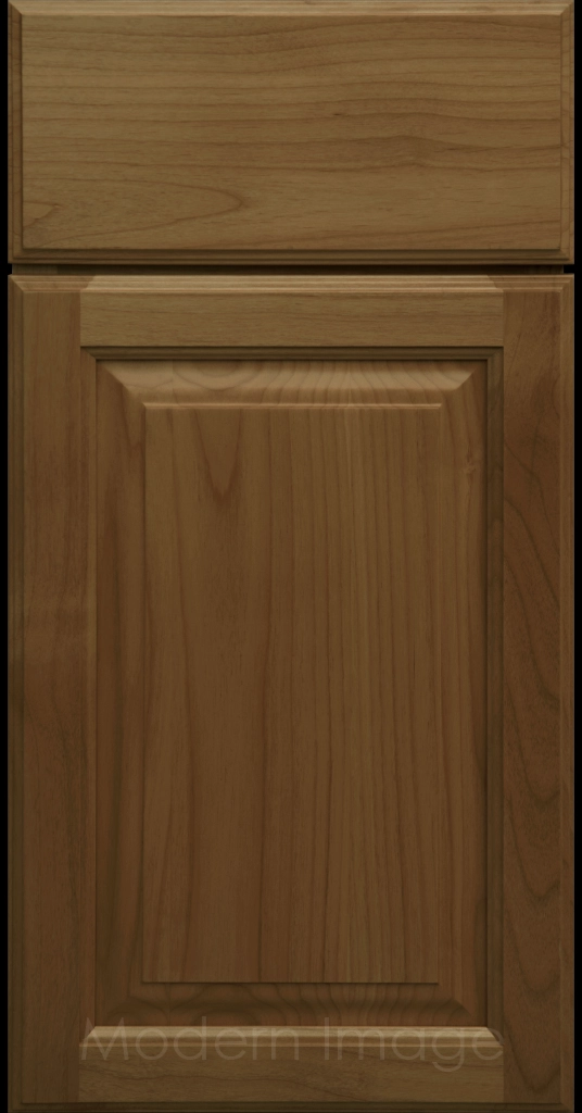 Brown stained Hampton raised panel kitchen cabinets with flat slab drawer fronts.